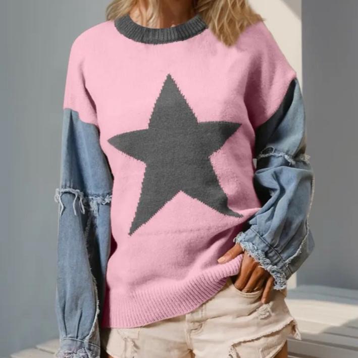0215 Pink Star Sweater With Denim Sleeves